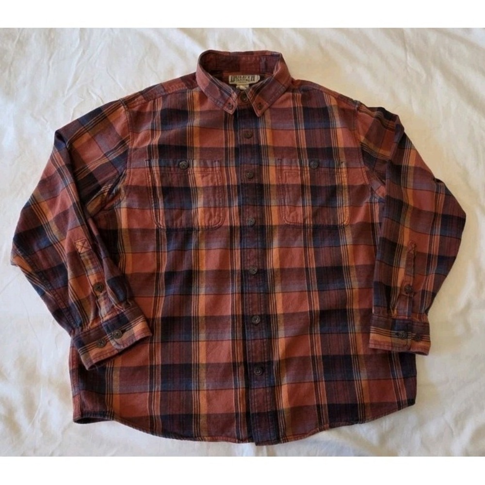 Duluth Flannel Shirt Untucked Relaxed Fit Long Sleeve Orange/Navy Plaid Mens‎ Lg